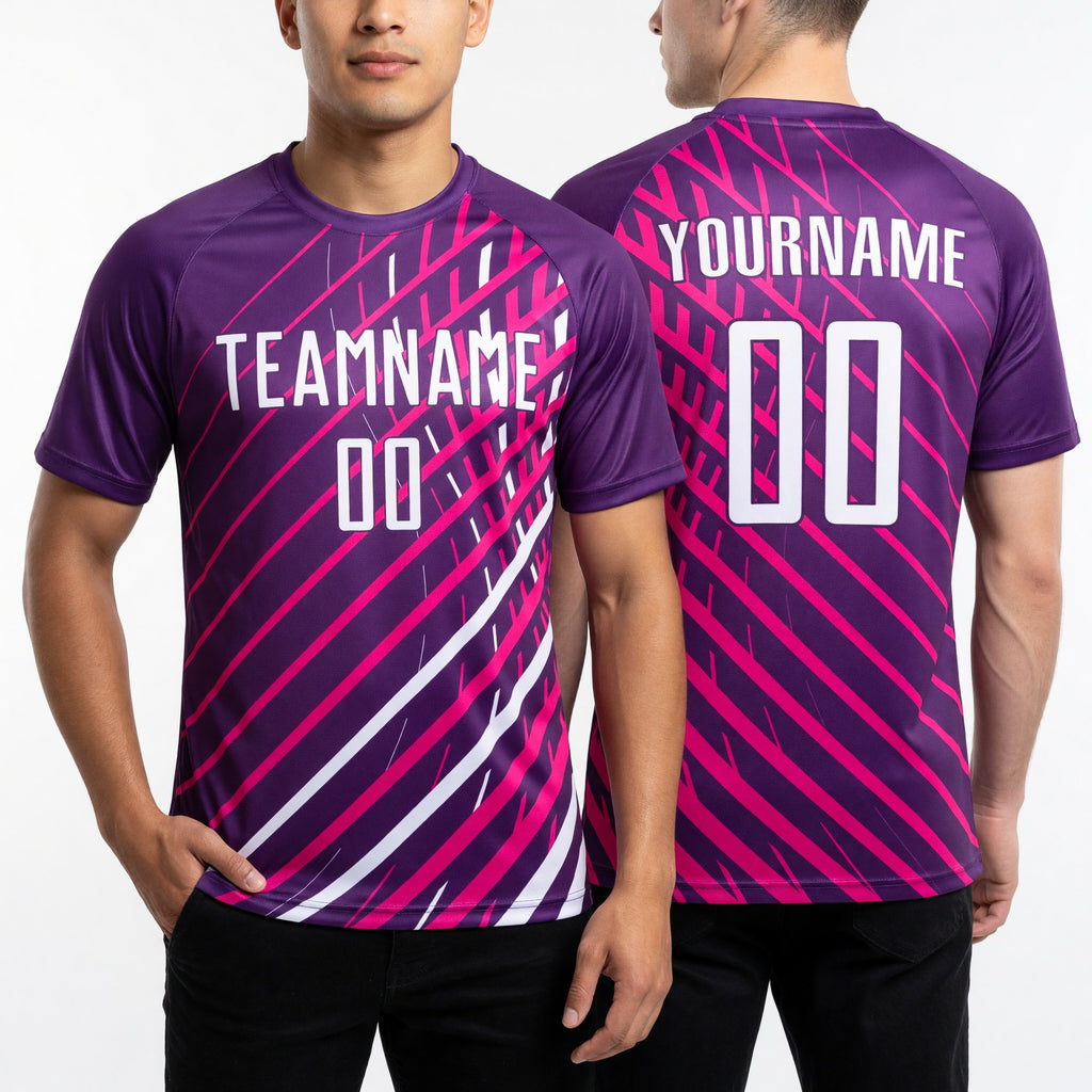 Custom Pink White-Crimson Sublimation Soccer Uniform Jersey worn front and back