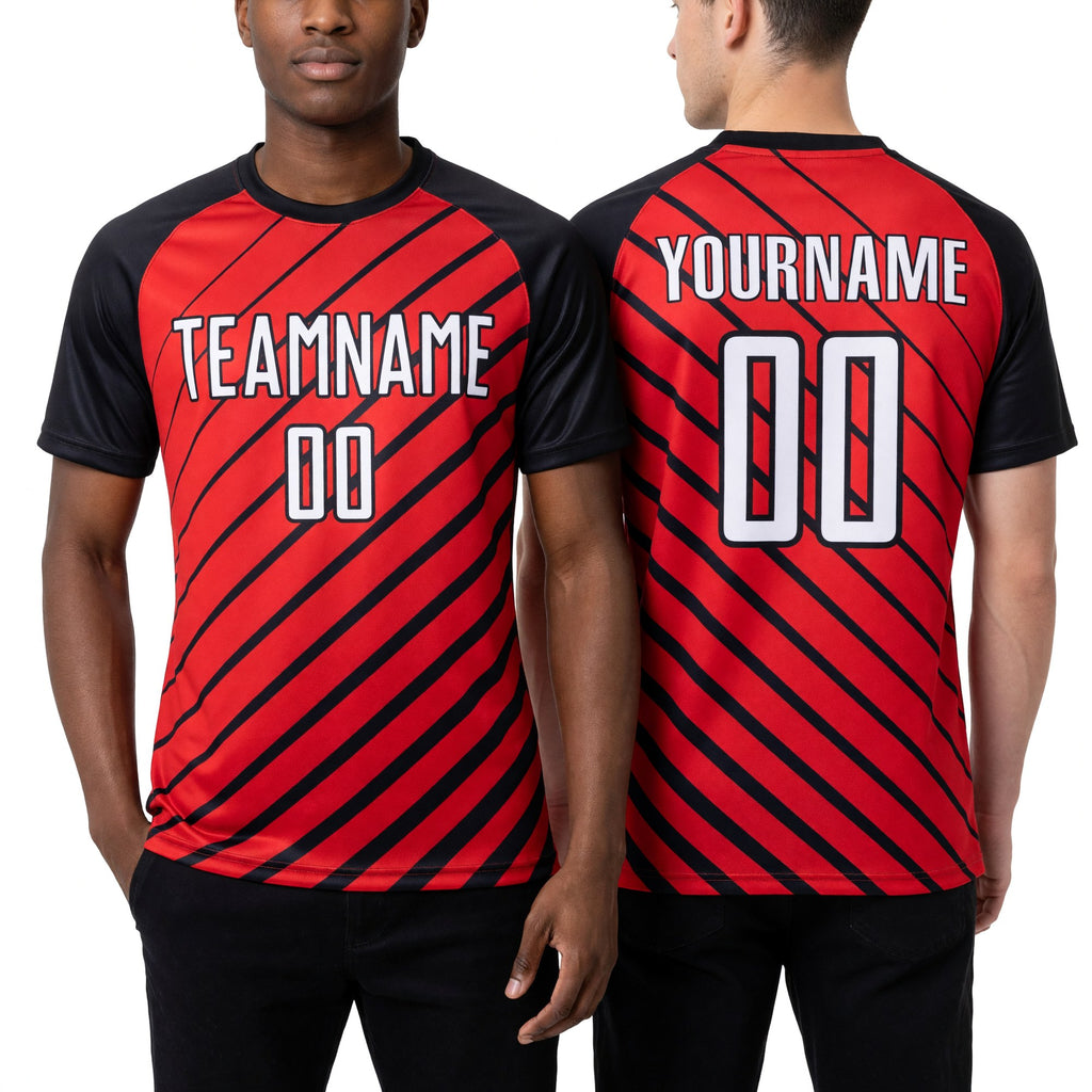 Custom Red White-Black Sublimation Soccer Uniform Jersey worn front and back