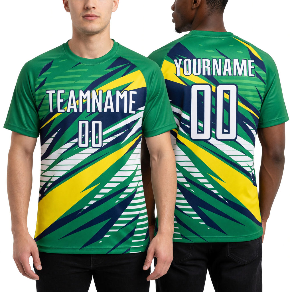 Custom Green White Yellow-Navy Sublimation Soccer Uniform Jersey worn front and back