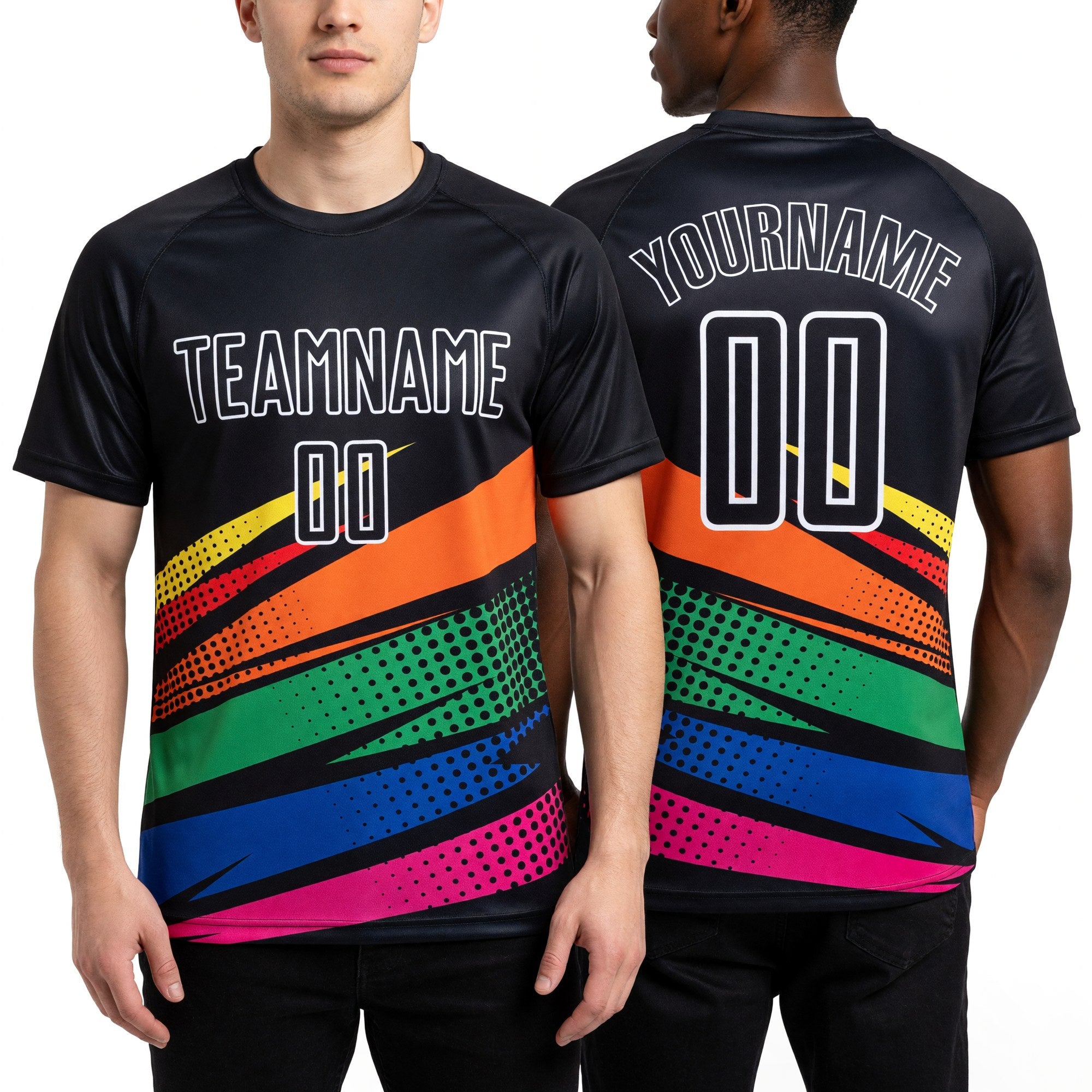 Custom Black Orange-Kelly Green Sublimation Soccer Uniform Jersey worn front and back