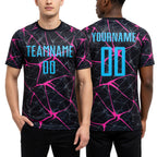 Custom Black Sky Blue-Pink Sublimation Soccer Uniform Jersey worn front and back