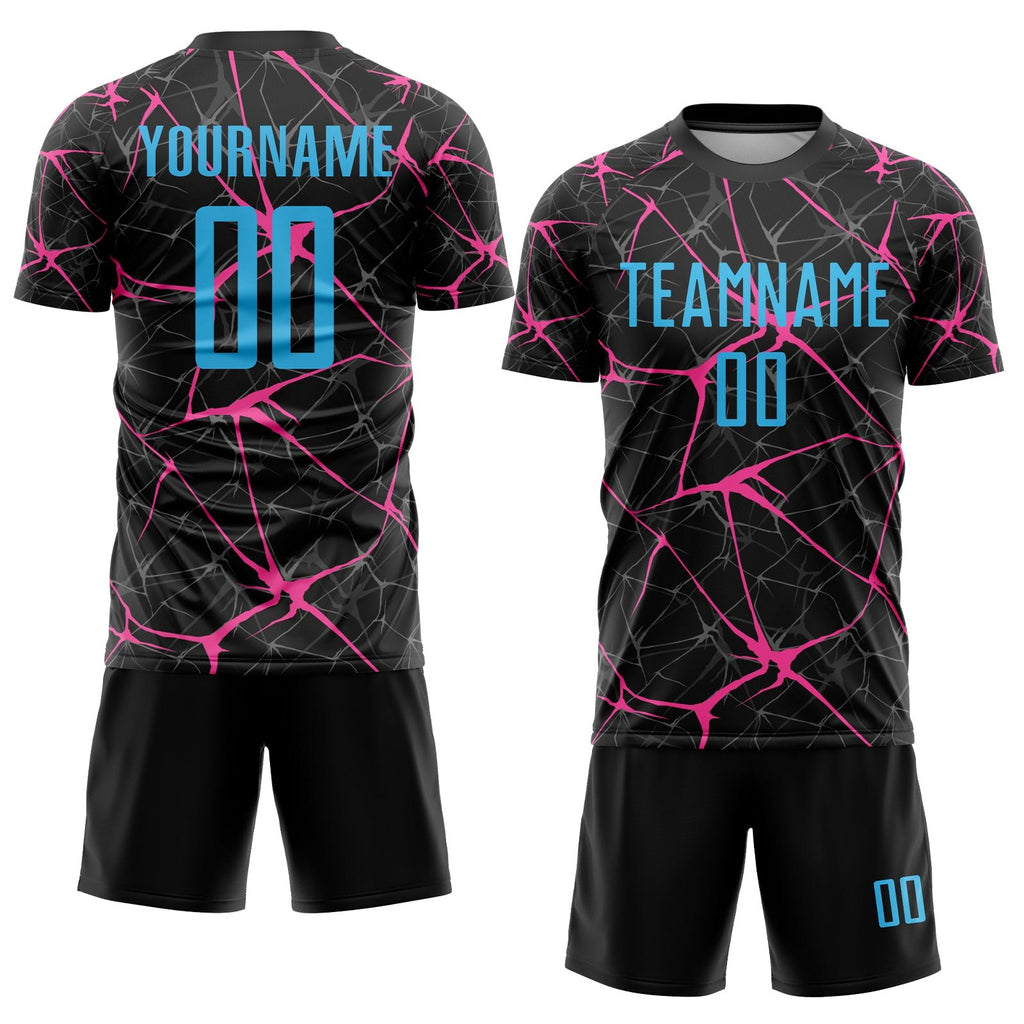 Custom Black Sky Blue-Pink Sublimation Soccer Uniform Jersey photo 2