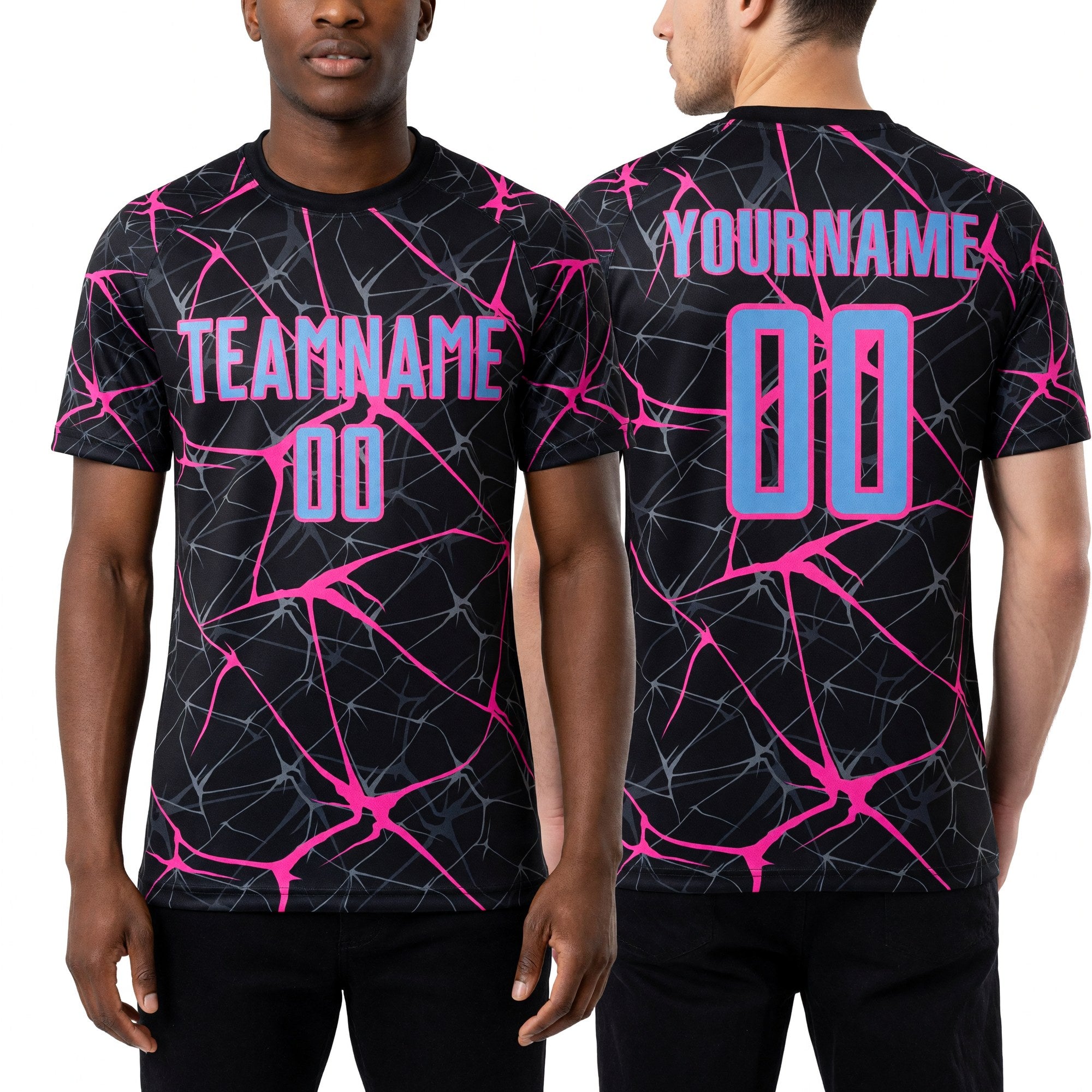 Custom Black Light Blue-Pink Sublimation Soccer Uniform Jersey worn front and back
