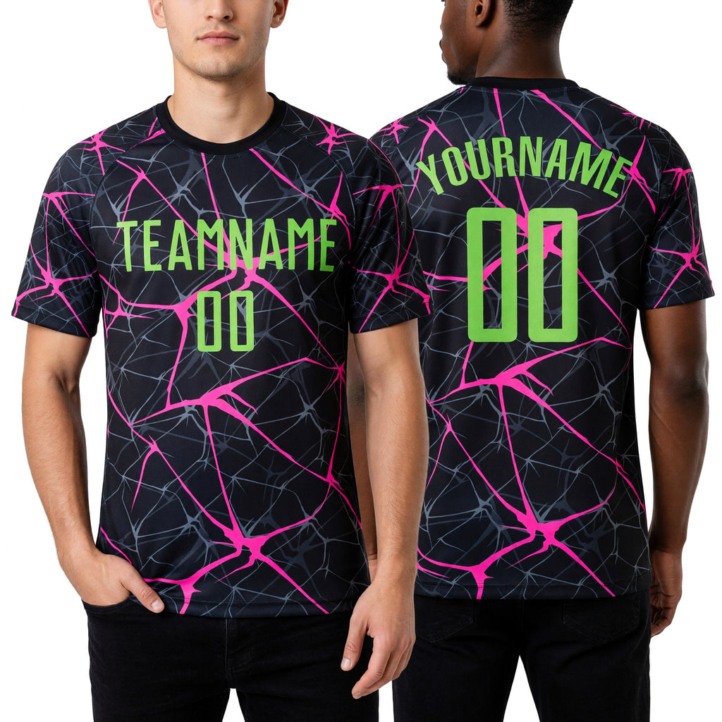 Custom Black Neon Green-Pink Sublimation Soccer Uniform Jersey worn front and back