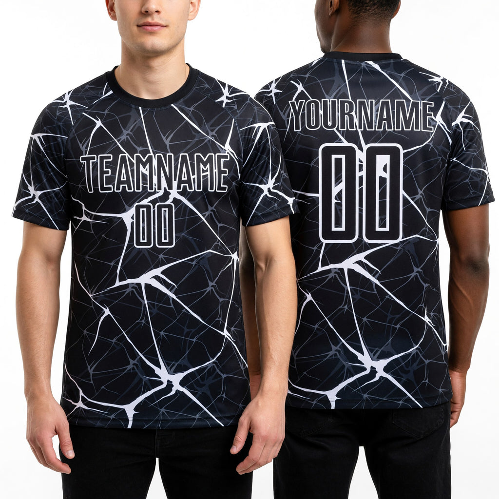 Custom Black White Sublimation Soccer Uniform Jersey worn front and back