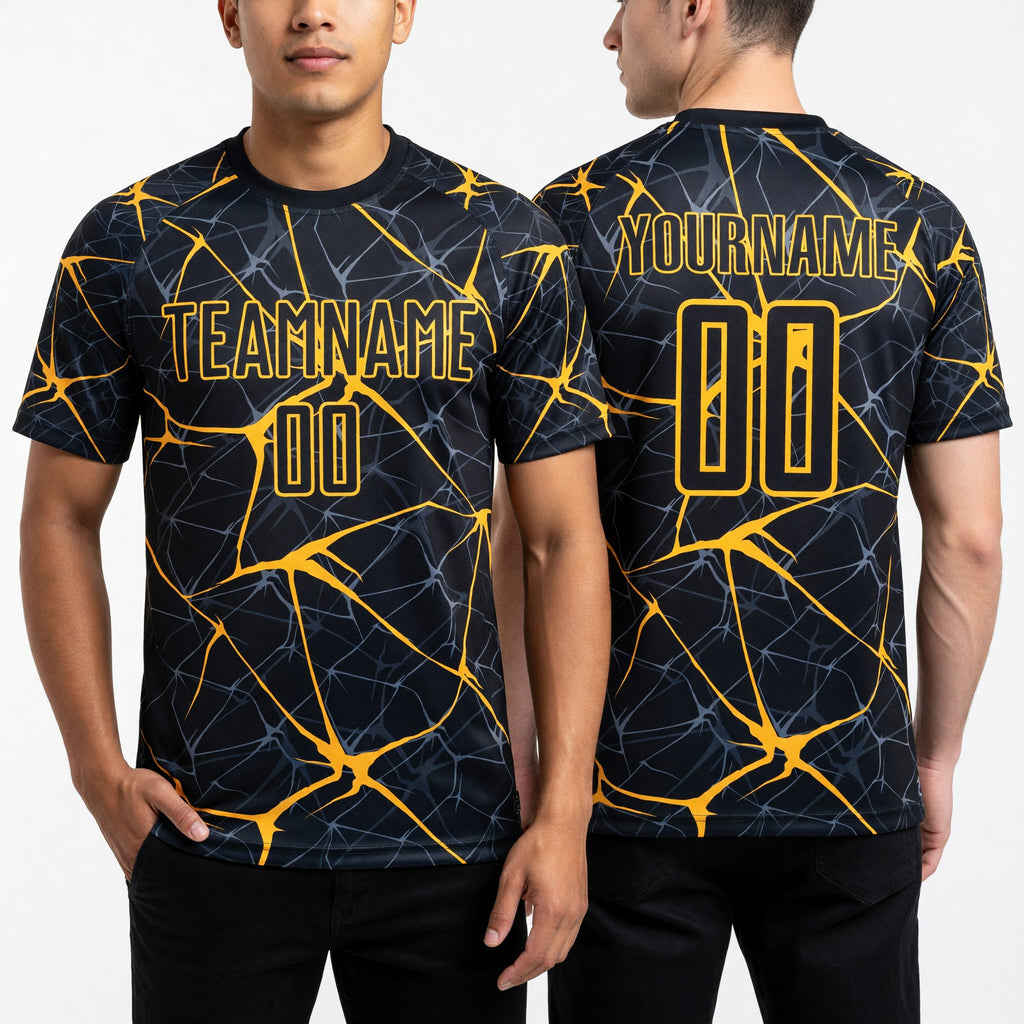 Custom Black Yellow Sublimation Soccer Uniform Jersey worn front and back
