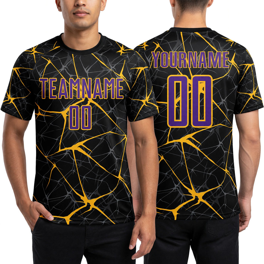 Custom Black Purple-Gold Sublimation Soccer Uniform Jersey worn front and back