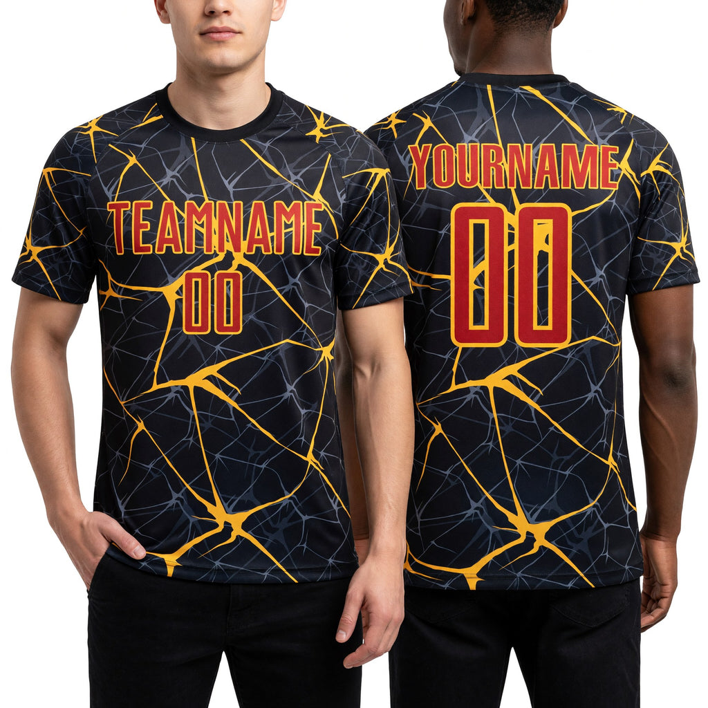 Custom Black Red-Gold Sublimation Soccer Uniform Jersey worn front and back