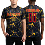 Custom Black Red-Gold Sublimation Soccer Uniform Jersey worn front and back
