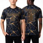 Custom Black Old Gold Sublimation Soccer Uniform Jersey worn front and back