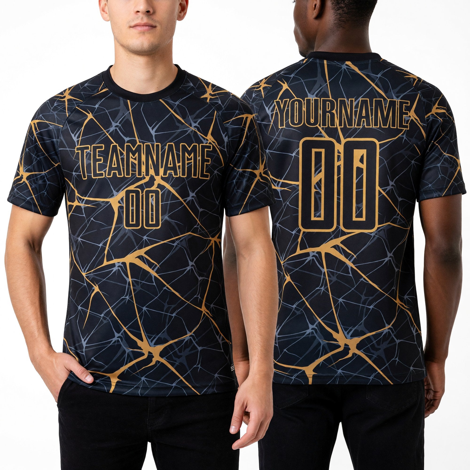 Custom Black Old Gold Sublimation Soccer Uniform Jersey worn front and back