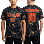 Custom Black Red-Old Gold Sublimation Soccer Uniform Jersey worn front and back