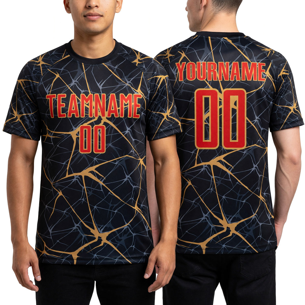 Custom Black Red-Old Gold Sublimation Soccer Uniform Jersey worn front and back