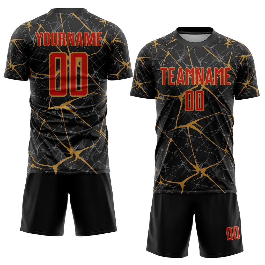 Custom Black Red-Old Gold Sublimation Soccer Uniform Jersey photo 2