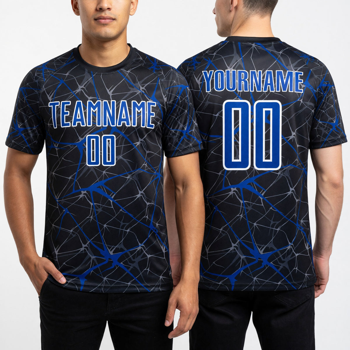 Custom Black Royal-White Sublimation Soccer Uniform Jersey worn front and back