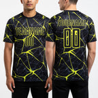 Custom Black Neon Yellow Sublimation Soccer Uniform Jersey worn front and back