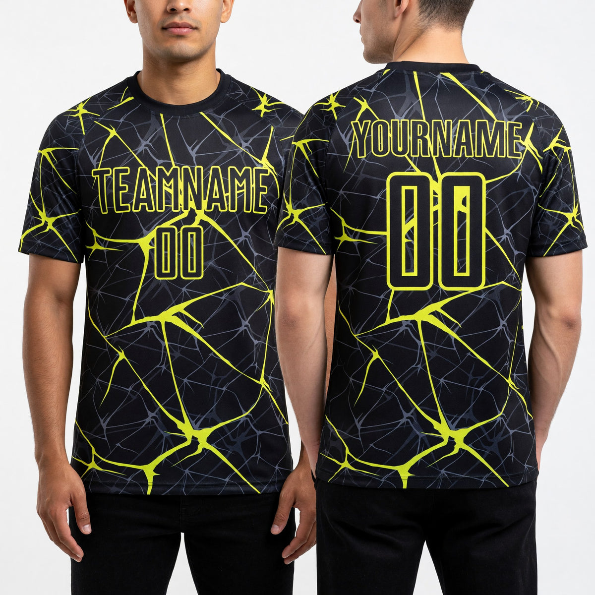 Custom Black Neon Yellow Sublimation Soccer Uniform Jersey worn front and back