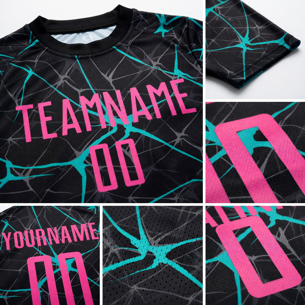 Custom Black Pink-Aqua Sublimation Soccer Uniform Jersey detail