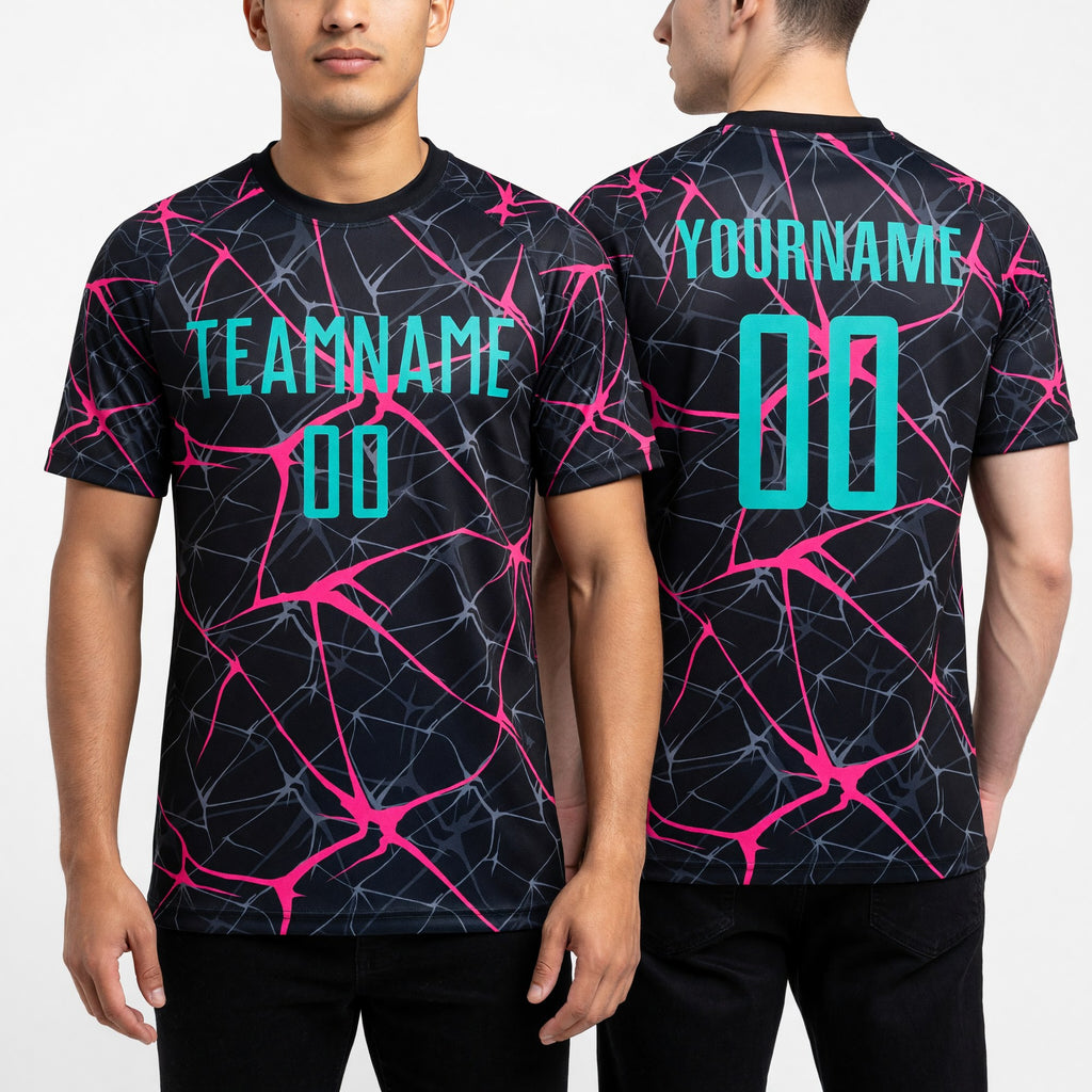 Custom Black Aqua-Neon Pink Sublimation Soccer Uniform Jersey worn front and back