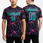 Custom Black Aqua-Neon Pink Sublimation Soccer Uniform Jersey worn front and back