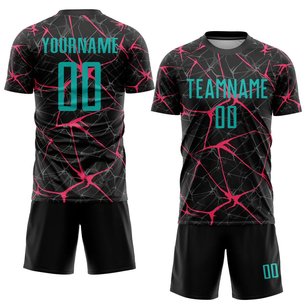 Custom Black Aqua-Neon Pink Sublimation Soccer Uniform Jersey photo 2
