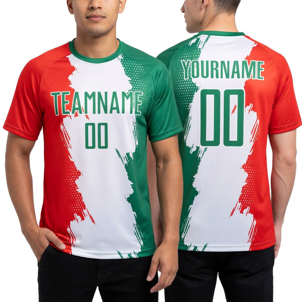 Custom Grass Green Red-White Sublimation Mexico Soccer Uniform Jersey worn front and back