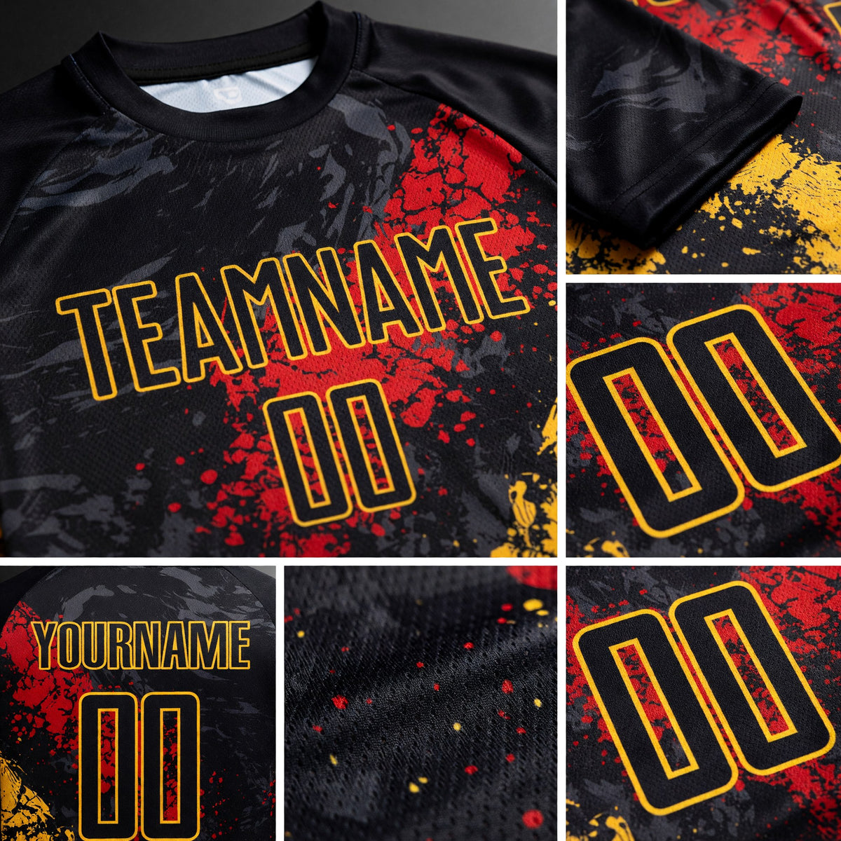 Custom Black Gold-Red Sublimation Soccer Uniform Jersey detail