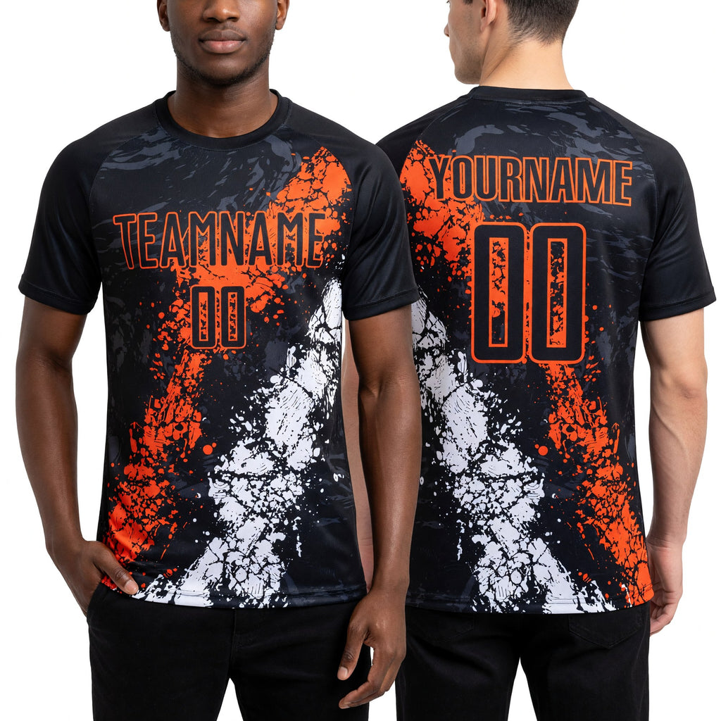 Custom Black Orange-White Sublimation Soccer Uniform Jersey worn front and back