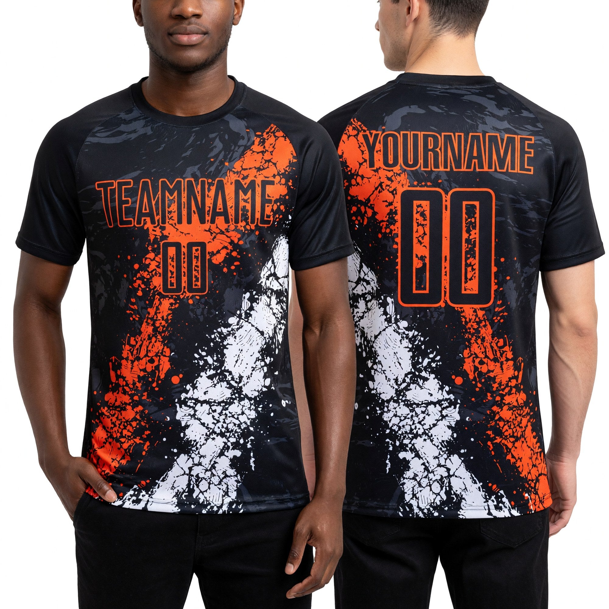 Custom Black Orange-White Sublimation Soccer Uniform Jersey worn front and back