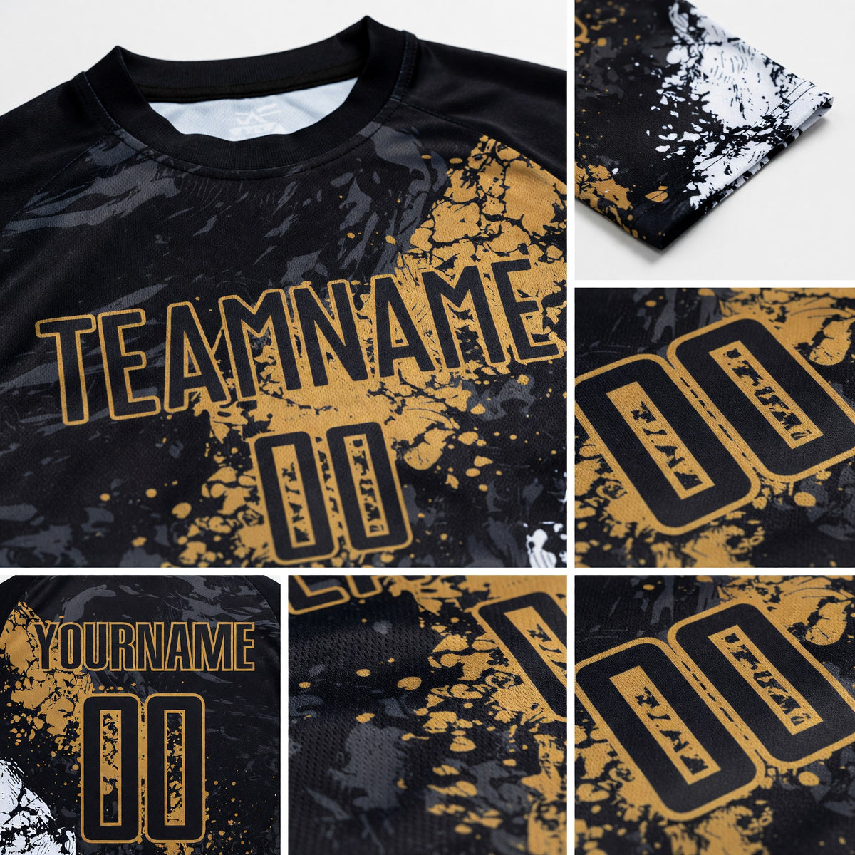Custom Black Old Gold-White Sublimation Soccer Uniform Jersey detail