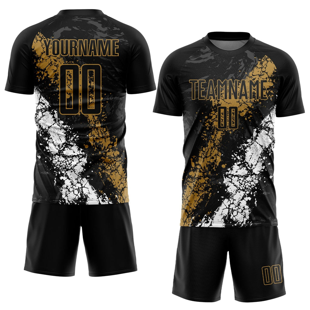 Custom Black Old Gold-White Sublimation Soccer Uniform Jersey photo 2