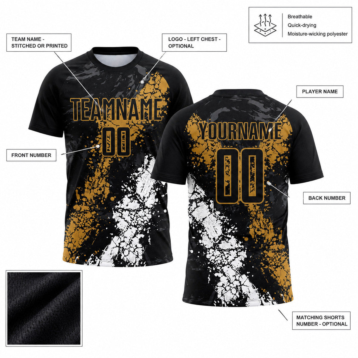 Custom Black Sublimated Soccer Jersey with Old Gold and White Lettering Design 0943 customization guide