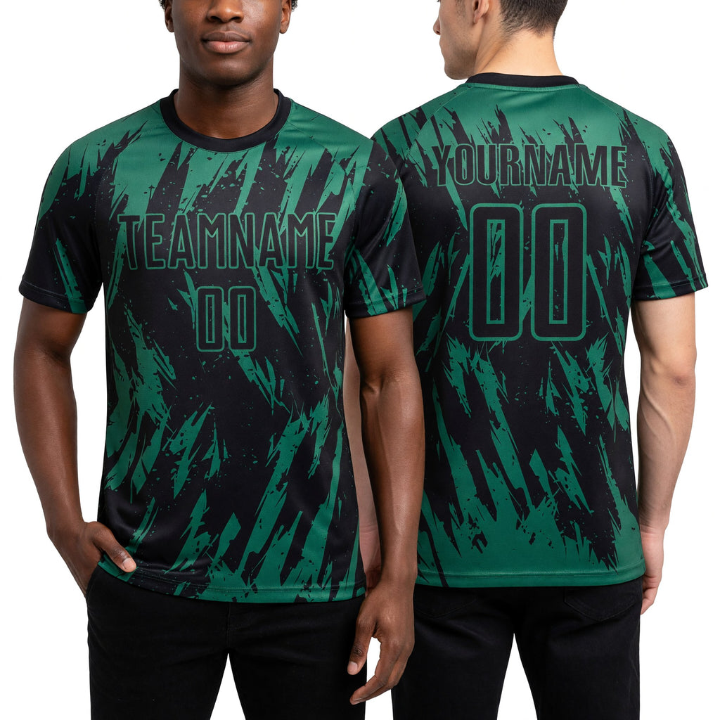 Custom Kelly Green Black Sublimation Soccer Uniform Jersey worn front and back