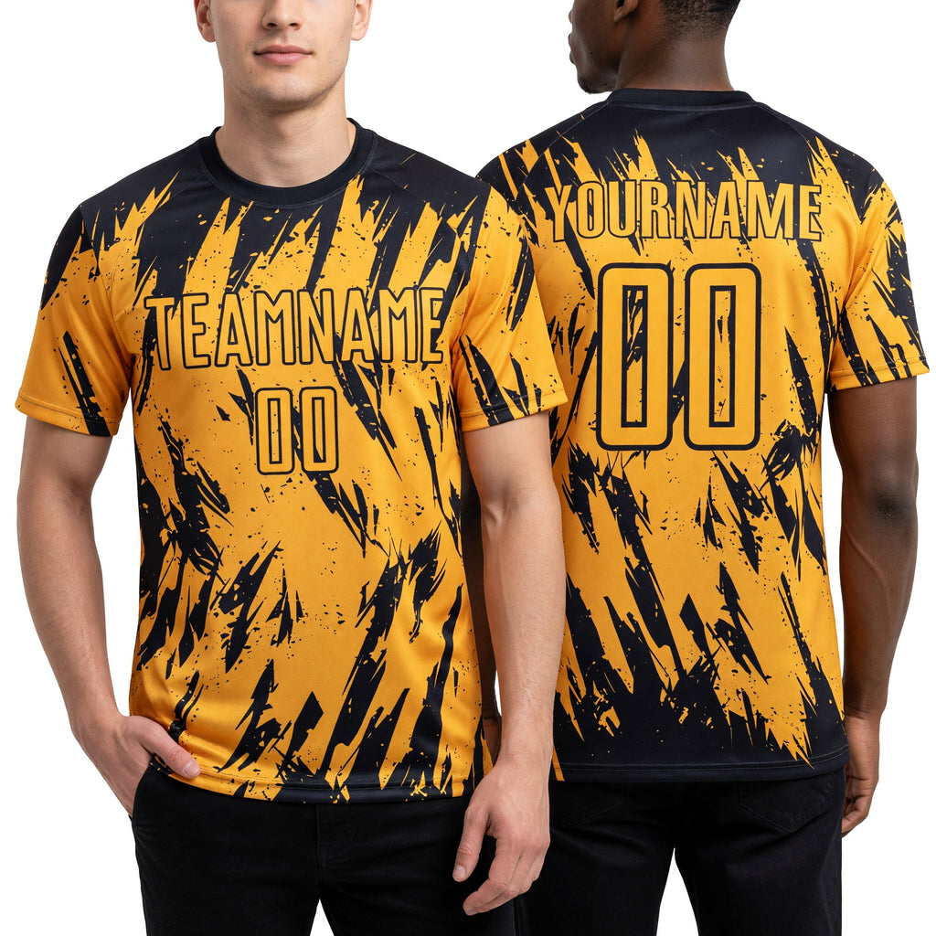 Custom Gold Black Sublimation Soccer Uniform Jersey worn front and back