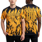 Custom Gold Black Sublimation Soccer Uniform Jersey worn front and back