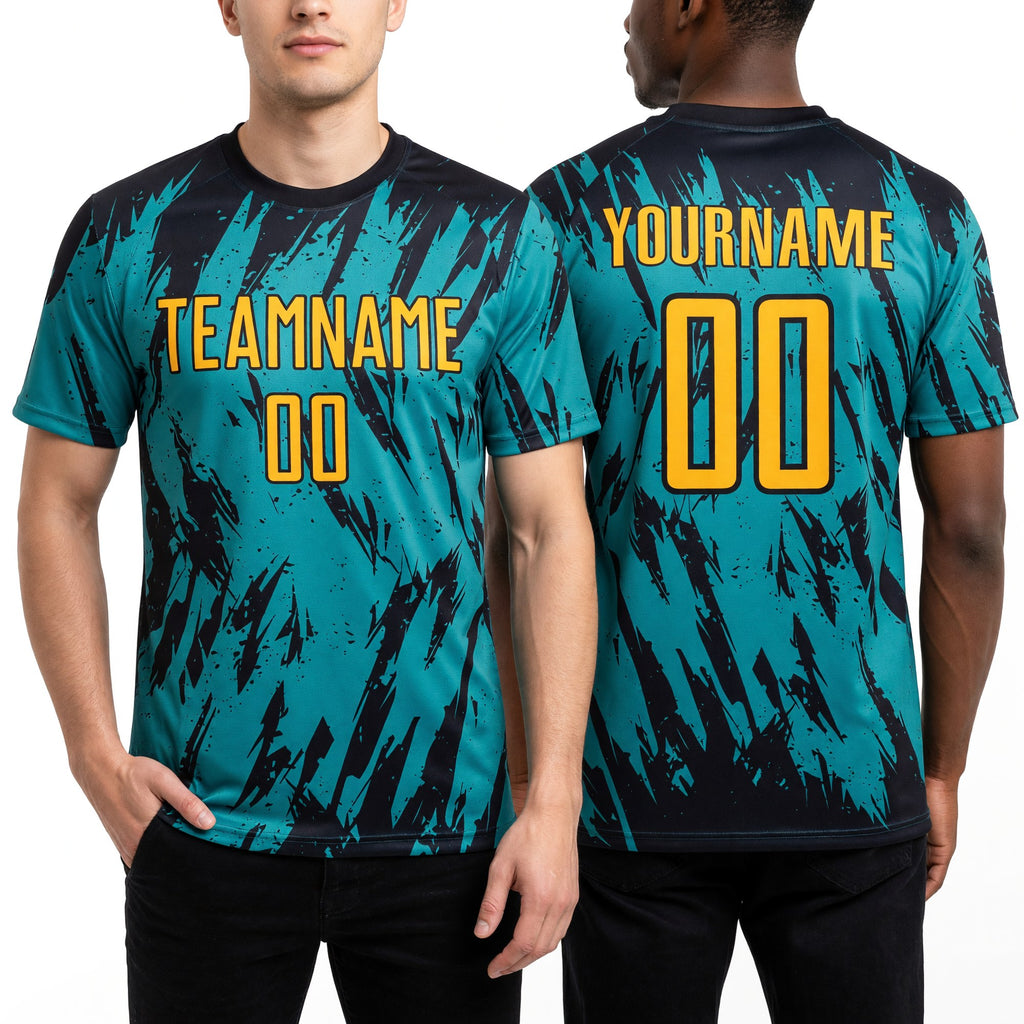 Custom Teal Gold Black Sublimation Soccer Uniform Jersey worn front and back