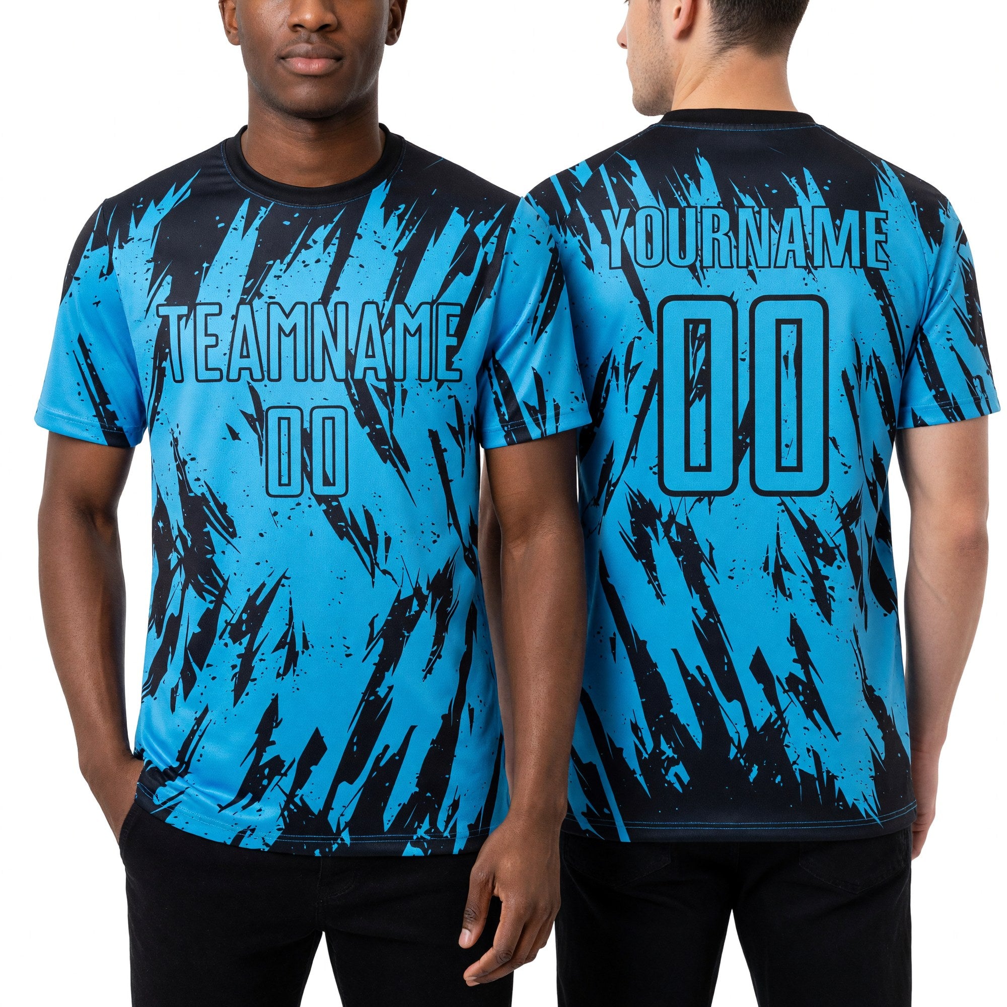 Custom Sky Blue Black Sublimation Soccer Uniform Jersey worn front and back