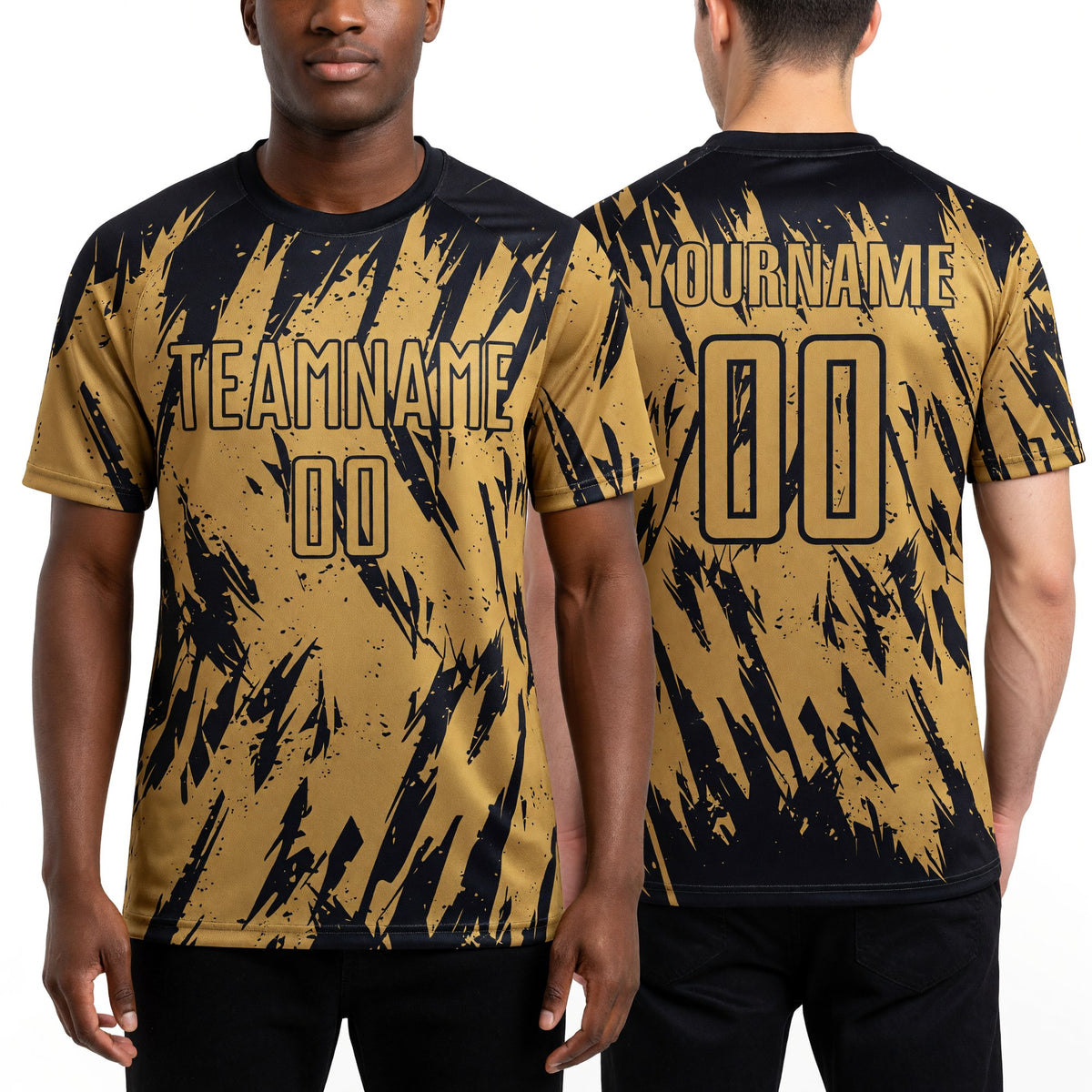Custom Old Gold Black Sublimation Soccer Uniform Jersey worn front and back