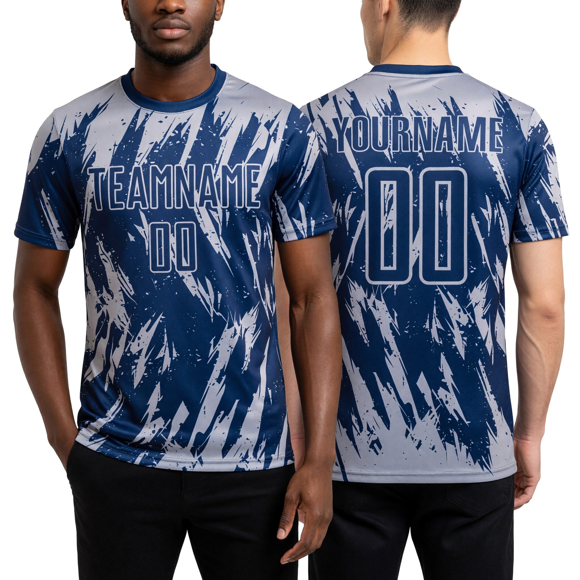 Custom Navy Gray Sublimation Soccer Uniform Jersey worn front and back