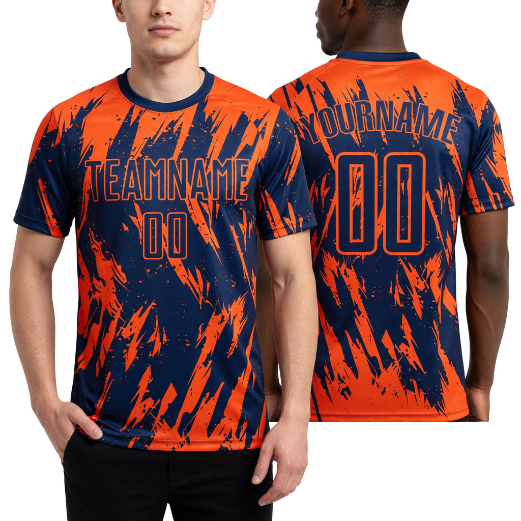 Custom Orange Navy Sublimation Soccer Uniform Jersey worn front and back