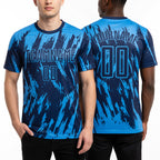 Custom Powder Blue Navy Sublimation Soccer Uniform Jersey worn front and back