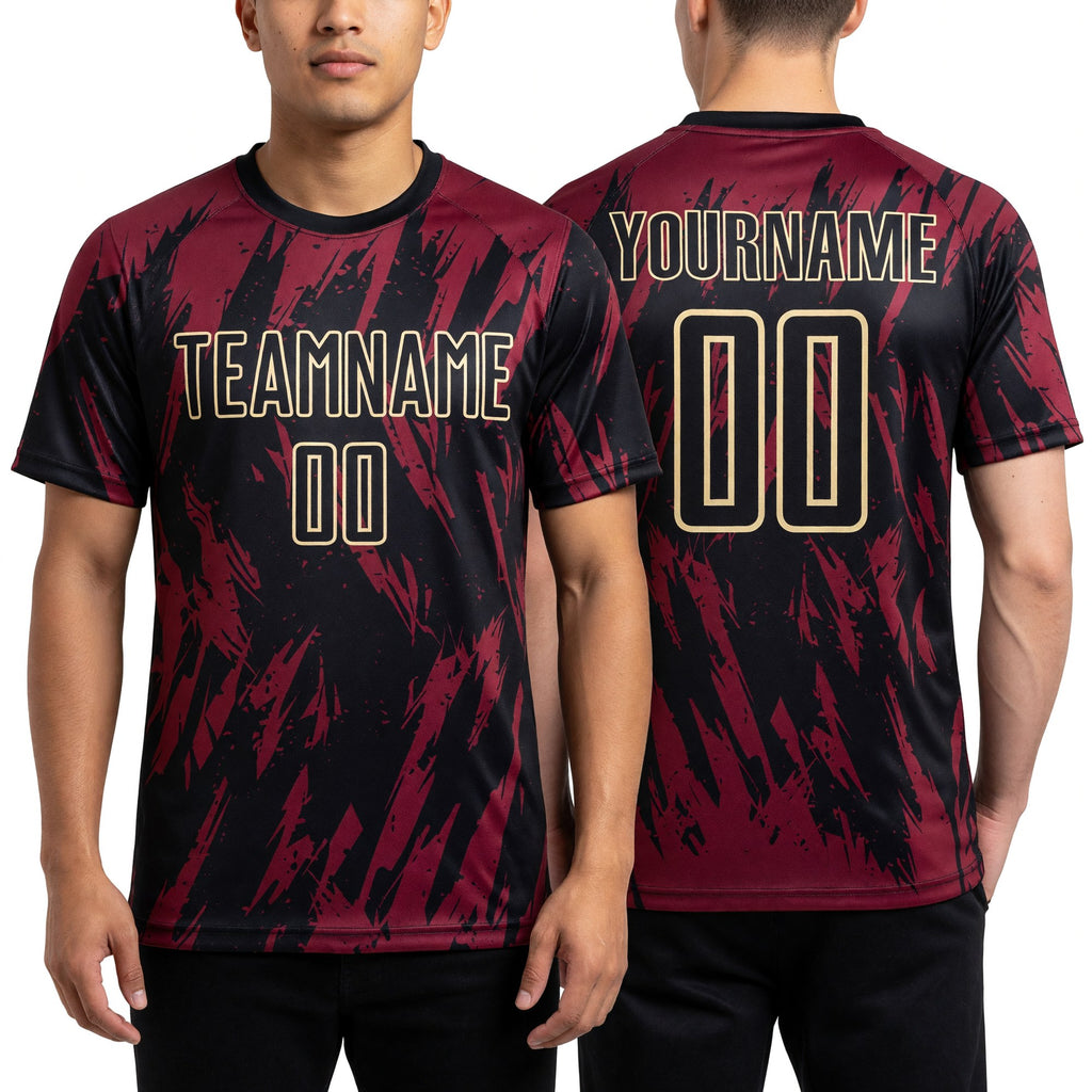 Custom Crimson Black-City Cream Sublimation Soccer Uniform Jersey worn front and back