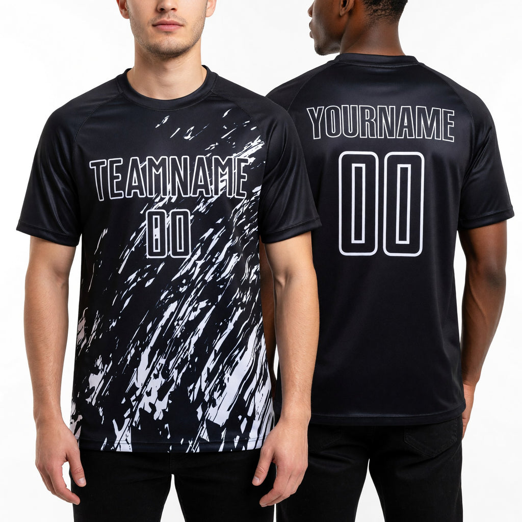 Custom Black White Sublimation Soccer Uniform Jersey worn front and back