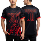 Custom Black Red Sublimation Soccer Uniform Jersey worn front and back