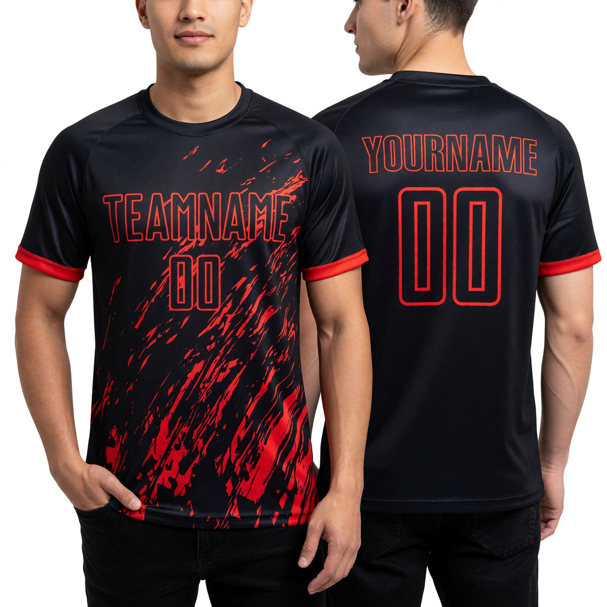 Custom Black Red Sublimation Soccer Uniform Jersey worn front and back