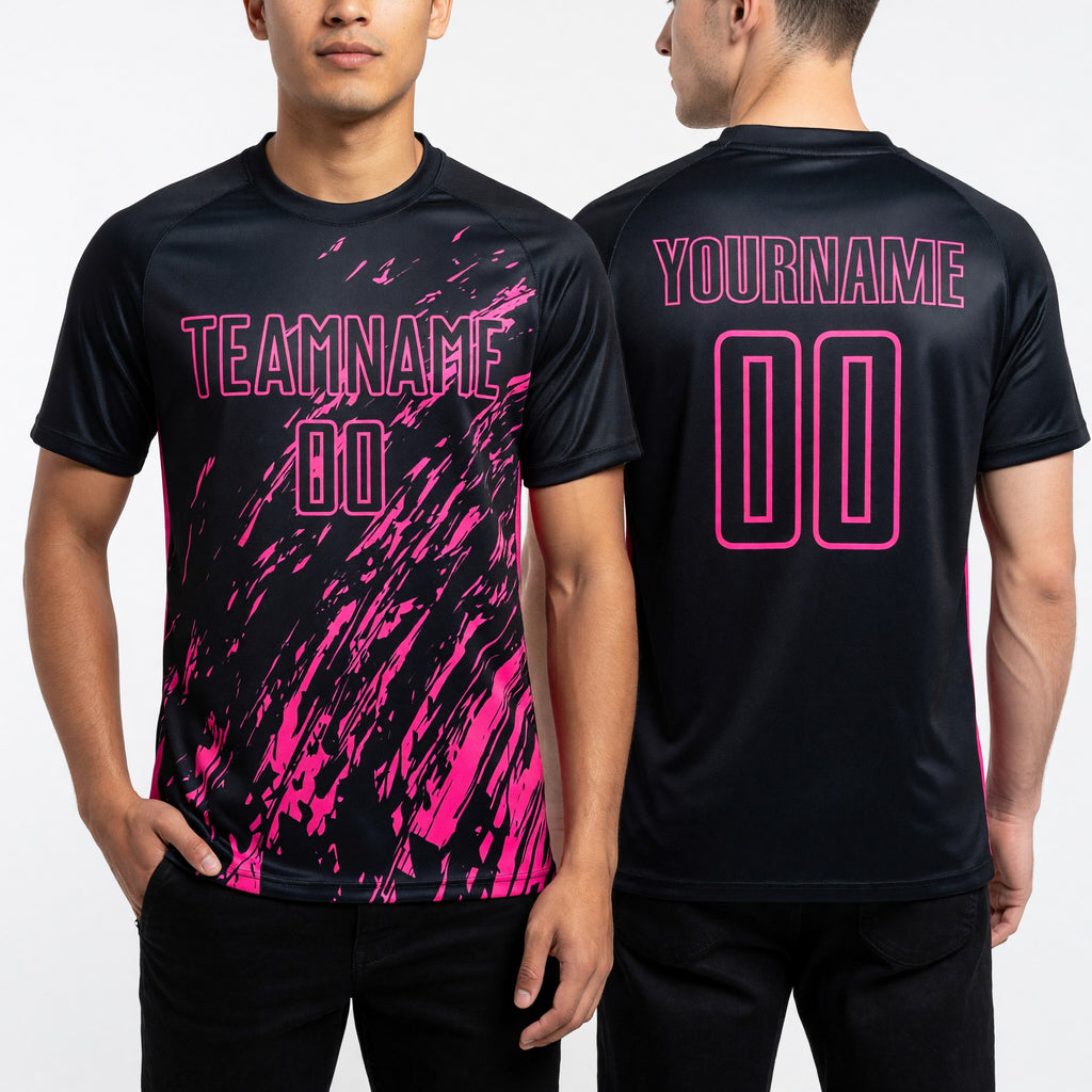 Custom Black Pink Sublimation Soccer Uniform Jersey worn front and back