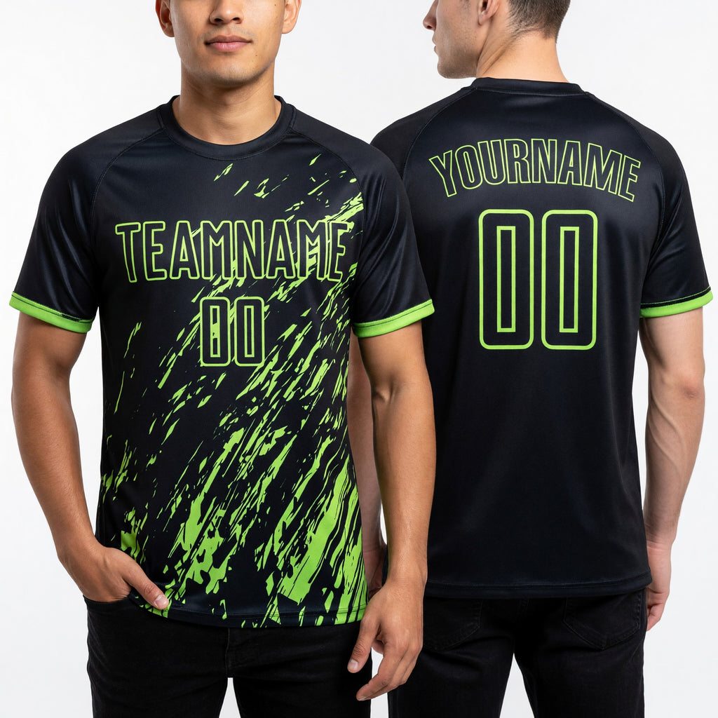 Custom Black Neon Green Sublimation Soccer Uniform Jersey worn front and back