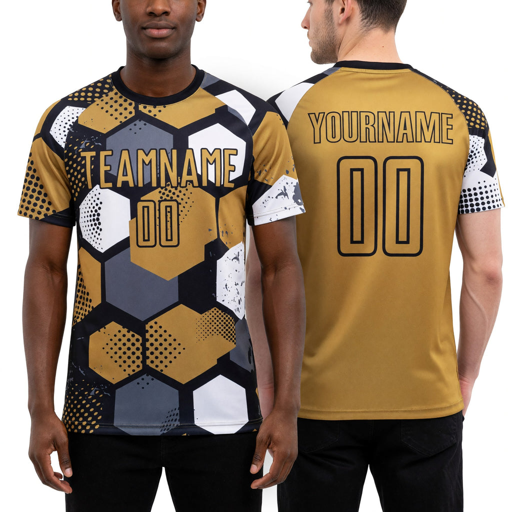 Custom Old Gold Black-White Sublimation Soccer Uniform Jersey worn front and back