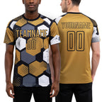 Custom Old Gold Black-White Sublimation Soccer Uniform Jersey worn front and back
