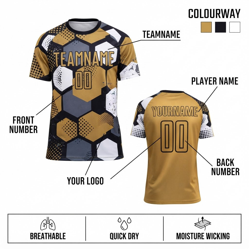 Custom Old Gold Sublimated Soccer Jersey with Black and White Lettering customization guide